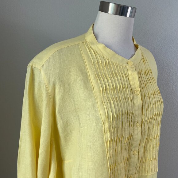LL Bean Womens Plus 3X Yellow 100% Linen Pintuck Button Up Shirt Blouse Top - Picture 2 of 10